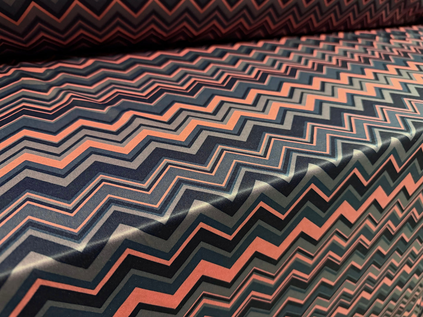 Single jersey fashion fabric - chevron zigzag print - pink & steel blue
