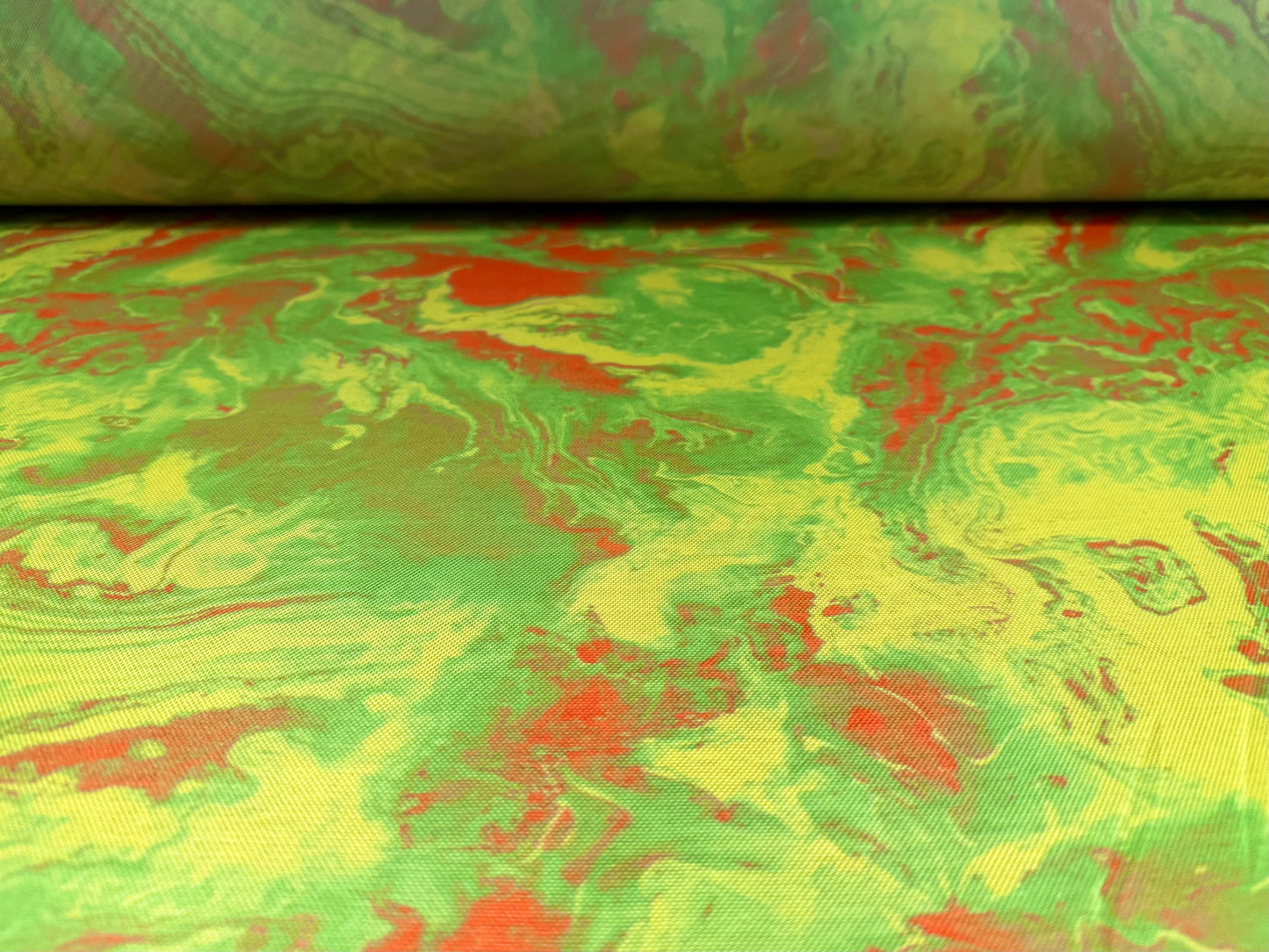 Power mesh net stretch spandex fabric, per metre - abstract print - acid lime & orange