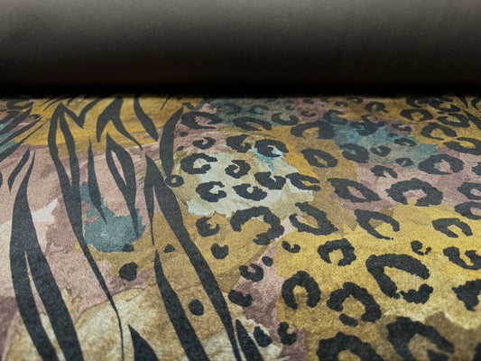 Spandex velvet stretch dress fabric, per mere - stylised animal print - mustard brown & teal