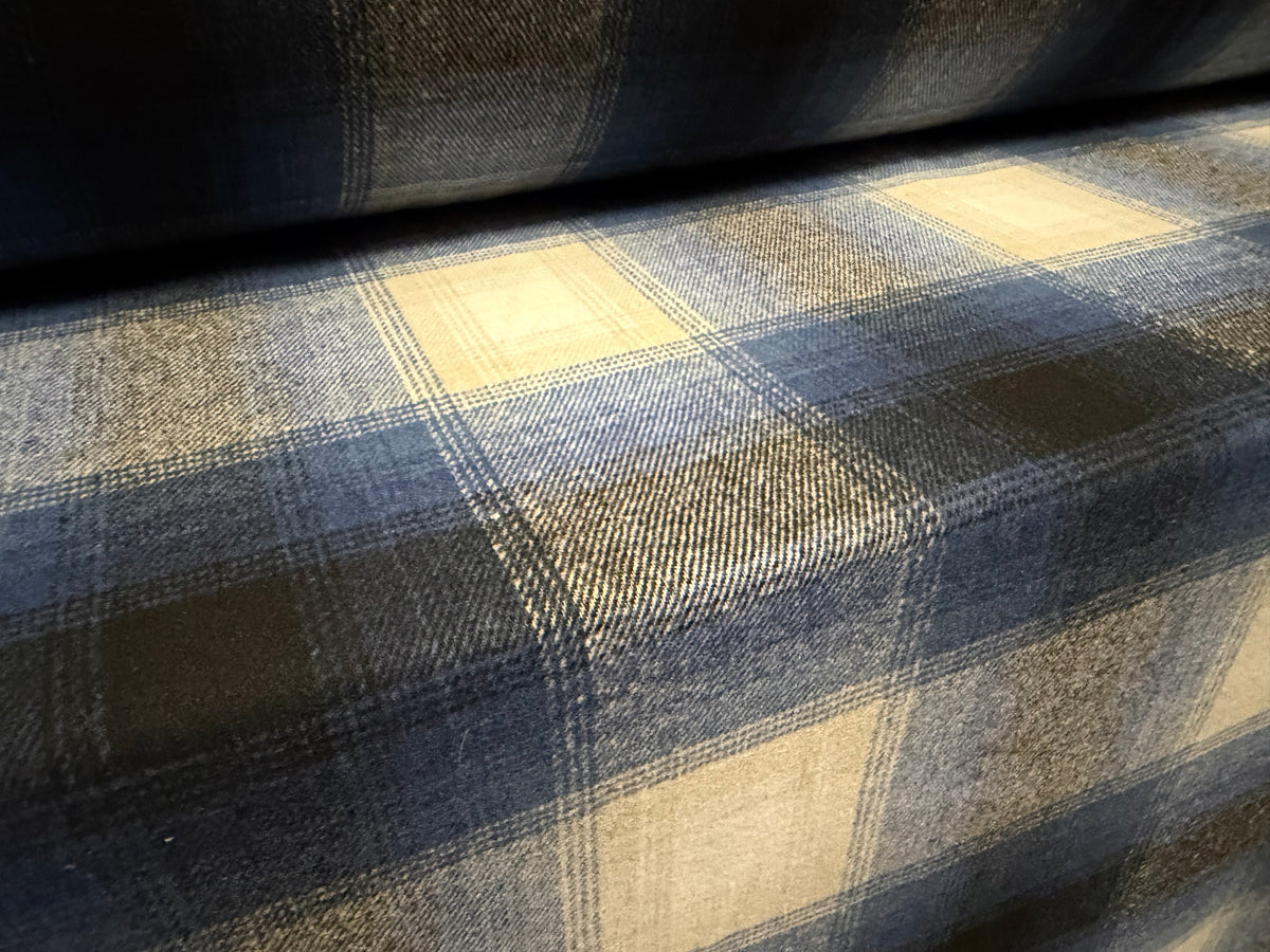 Wool flannel fabric, per metre - checkered - blues