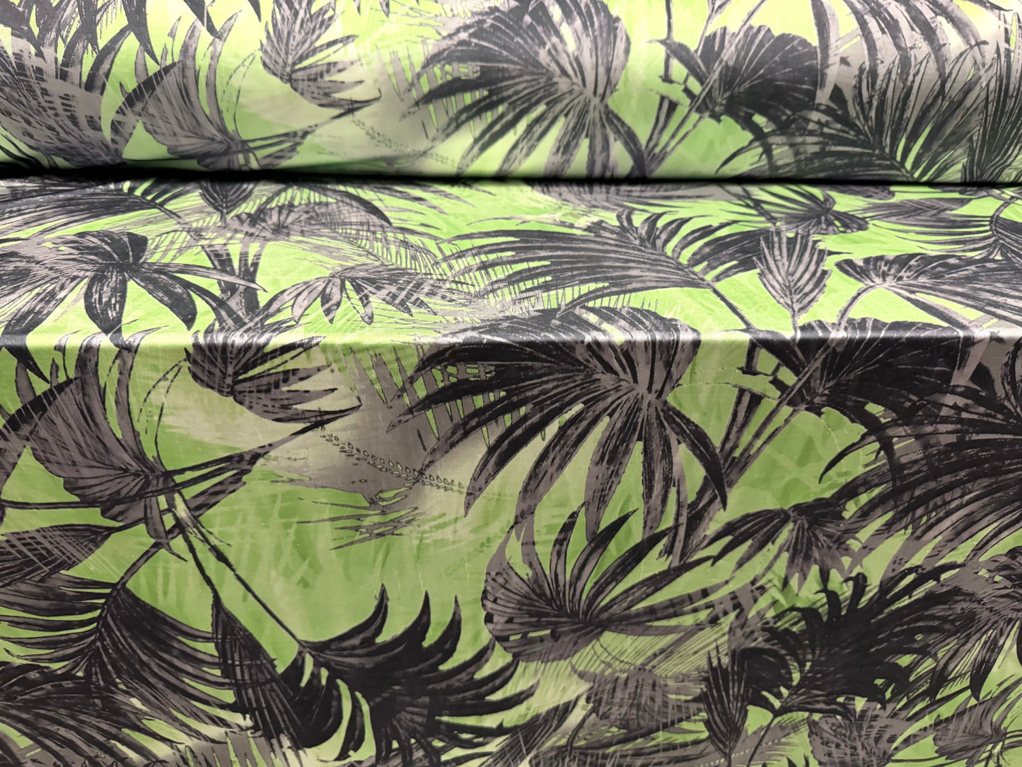 Disco stretch single jersey fabric, per metre - Palm Tree Fronds print - green & grey