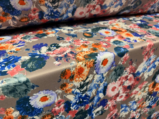 Scuba stretch spandex double jersey fabric, per metre - floral print - mink & cobalt blue