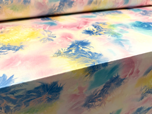 Soft touch stretch spandex jersey fabric, per metre - Hawaiian palm trees print - pastels
