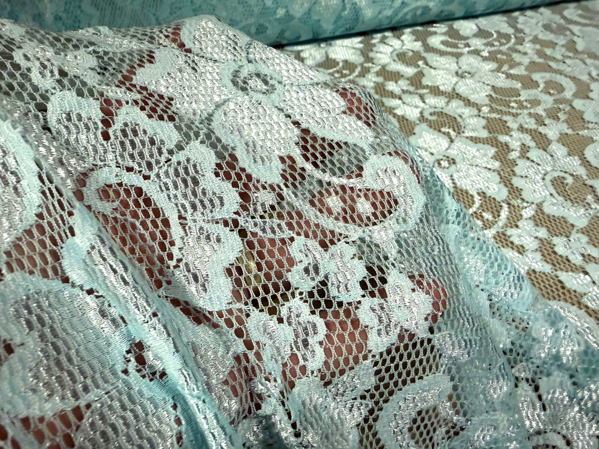 Stretch spandex lace dress fabric with scalloped selvedge, per metre - floral - aqua
