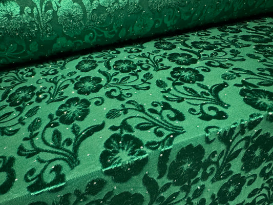 Devoré velour fabric with diamanté sparkle, per metre - floral - green