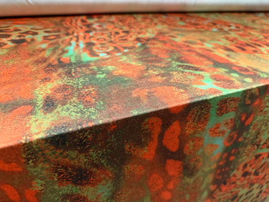 Stretch spandex single jersey ITY fabric, per metre - butterfly print - burnt orange & green