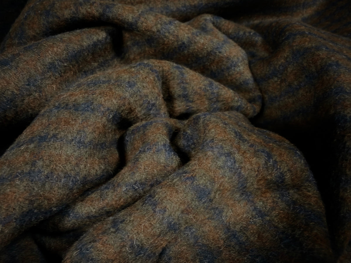 Bonded wool flannel fabric, per metre - dual face plain and check - olive green & brown