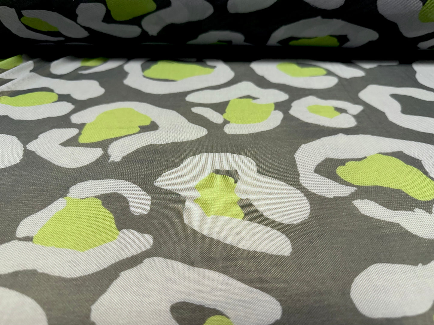 Power mesh net stretch spandex fabric, per metre - animal print - blue-grey & lime