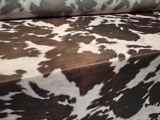 Power mesh net stretch spandex fabric, per metre - cow hide print - brown & pearl
