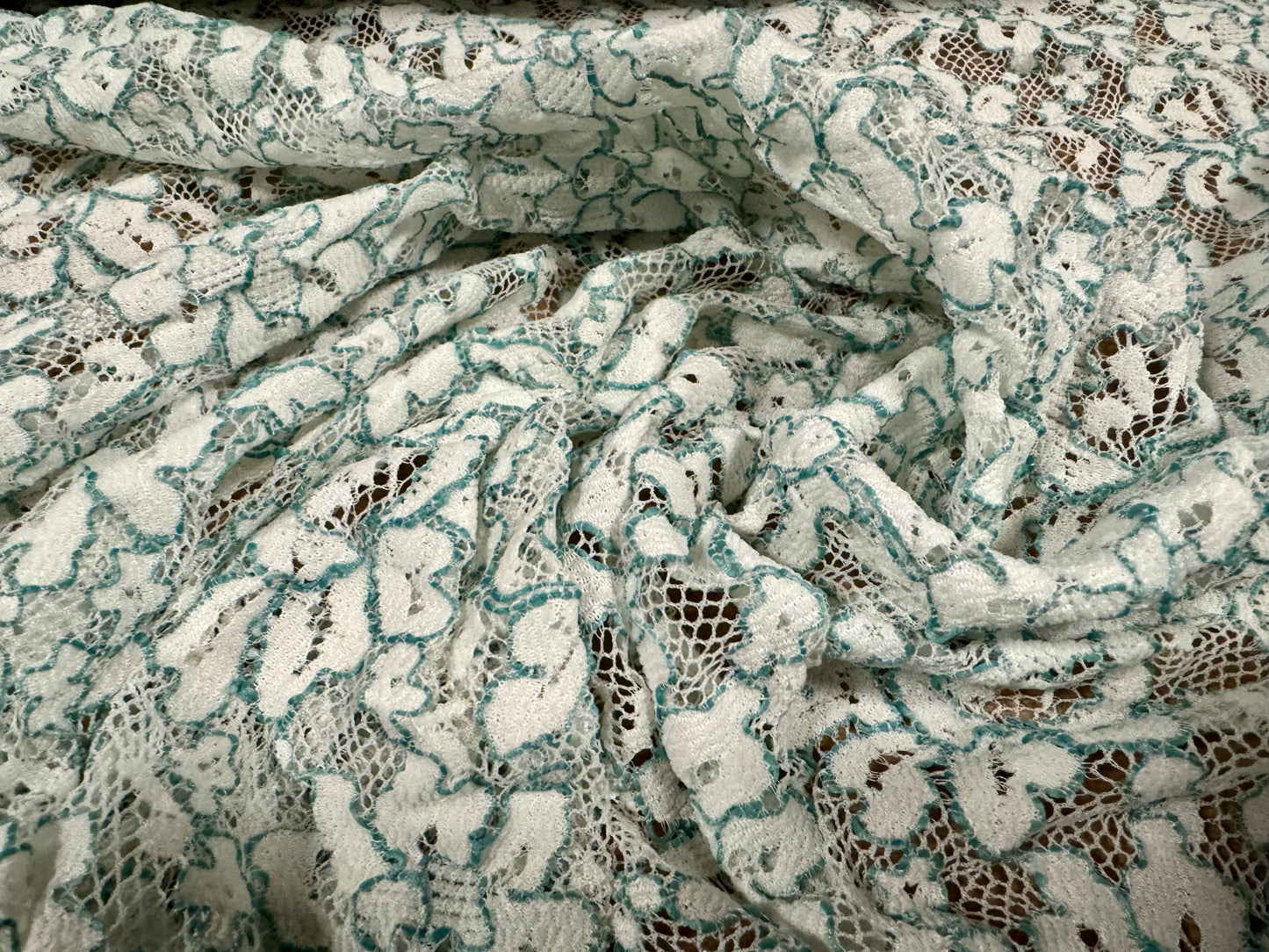 Stretch lace fabric, per metre - floral design - mint green & ivory