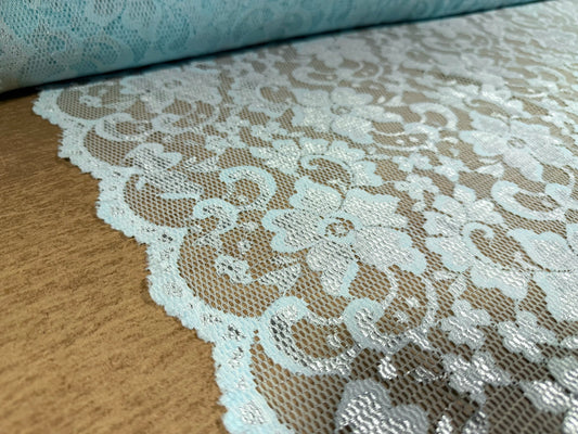 Stretch spandex lace dress fabric with scalloped selvedge, per metre - floral - aqua
