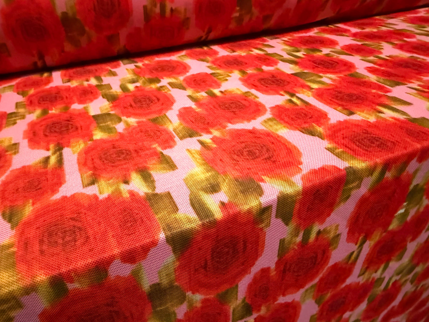 Power mesh net stretch spandex fabric, per metre - rose print - red & pink