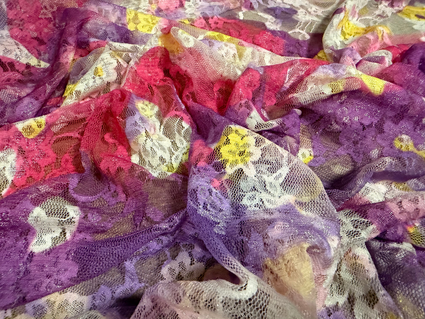 Stretch spandex mesh lace fabric, per metre - Inkwash floral print - pink & purple