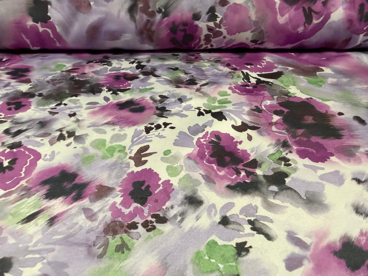 Pongee woven dress fabric, per metre - floral smudge print - magenta