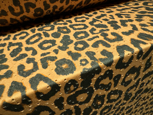 Broderie anglaise stretch spandex jersey fabric, per metre - cheetah animal print - toffee brown