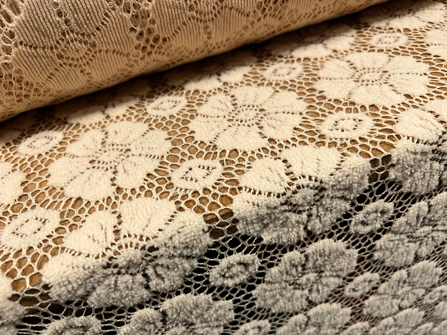 Cotton Crochet Lace Fabric, Per Metre - Floral Stripe Design- Cream 