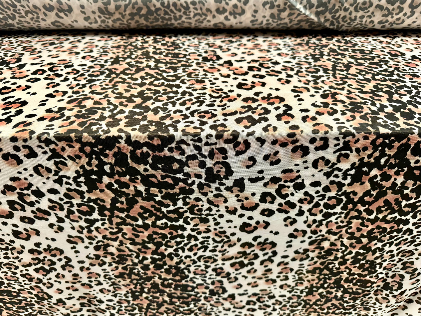 Power mesh net stretch spandex fabric, per metre - stylised cheetah animal print - nude & cream