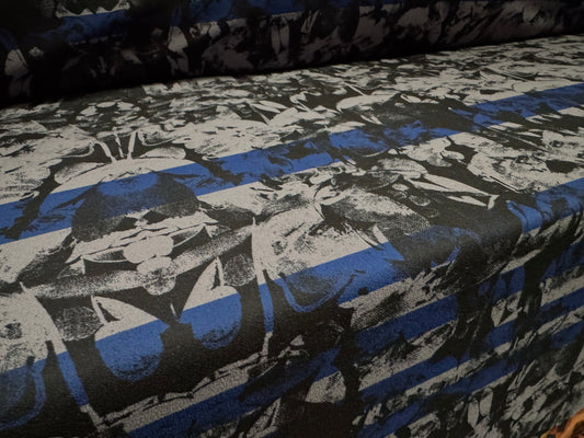 Scuba crepe stretch spandex double jersey fabric, per metre - stripes on abstract print - blue & grey