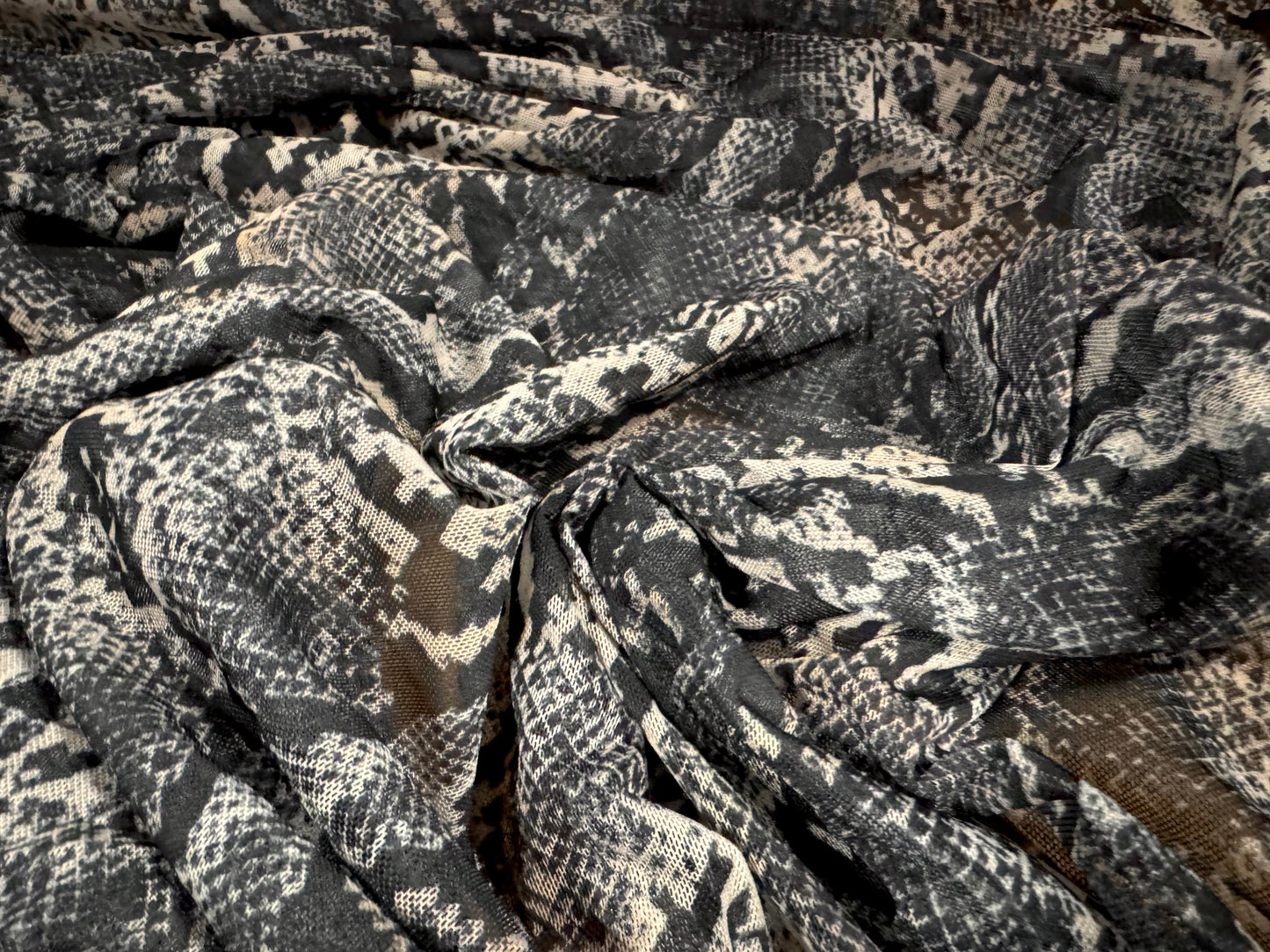 Power mesh net stretch spandex fabric, per metre - snakeskin animal print - grey & cream