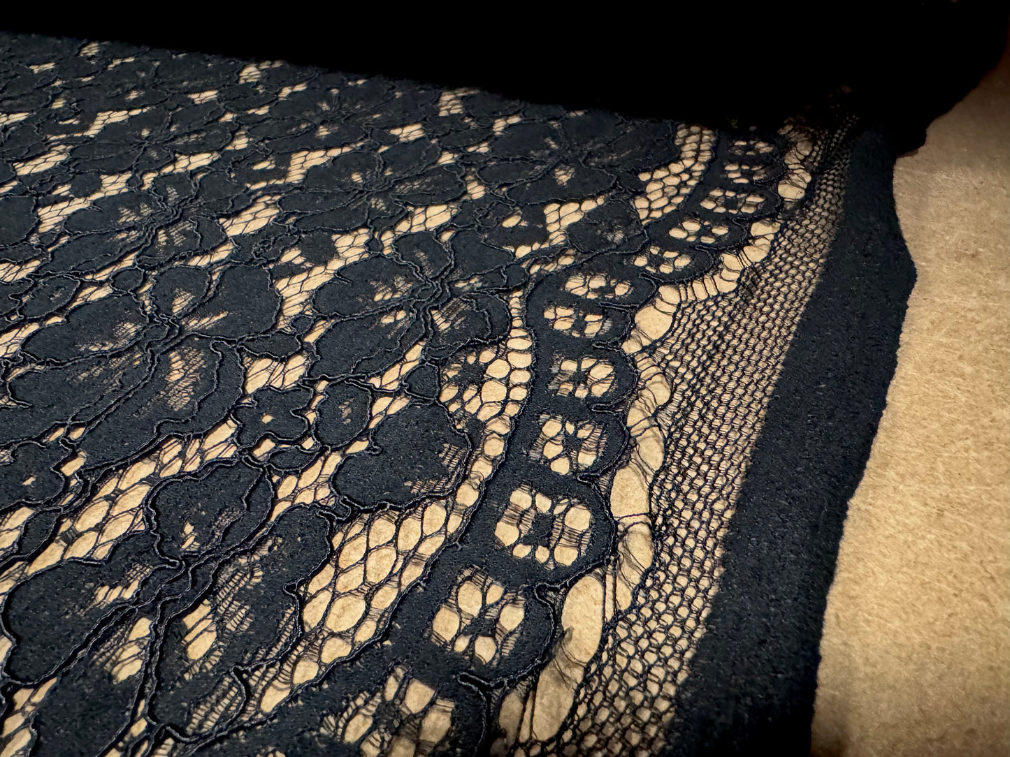 Heavy corded Alencon lace dress fabric with scalloped selvedge, per metre - floral - black