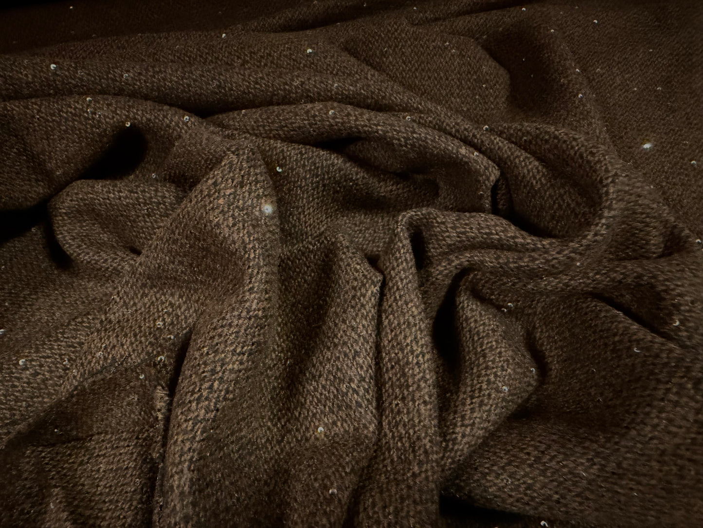 Wool tweed fabric with sequins, per metre - dark brown