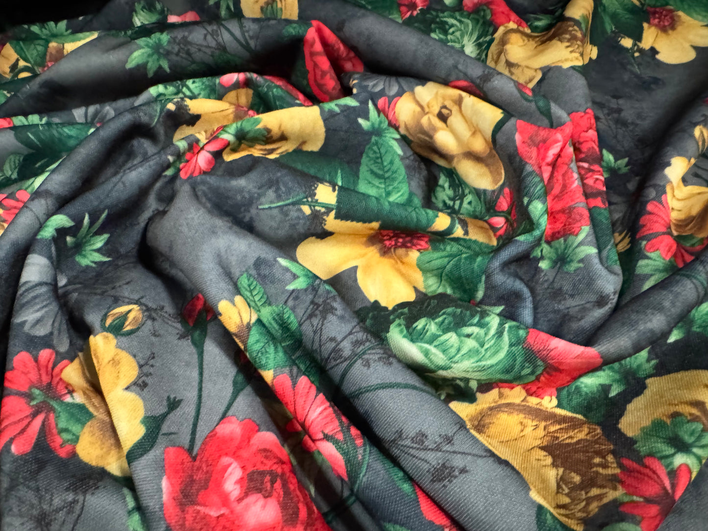 Double jersey upholstery fabric, per metre - rose print - grey red & gold