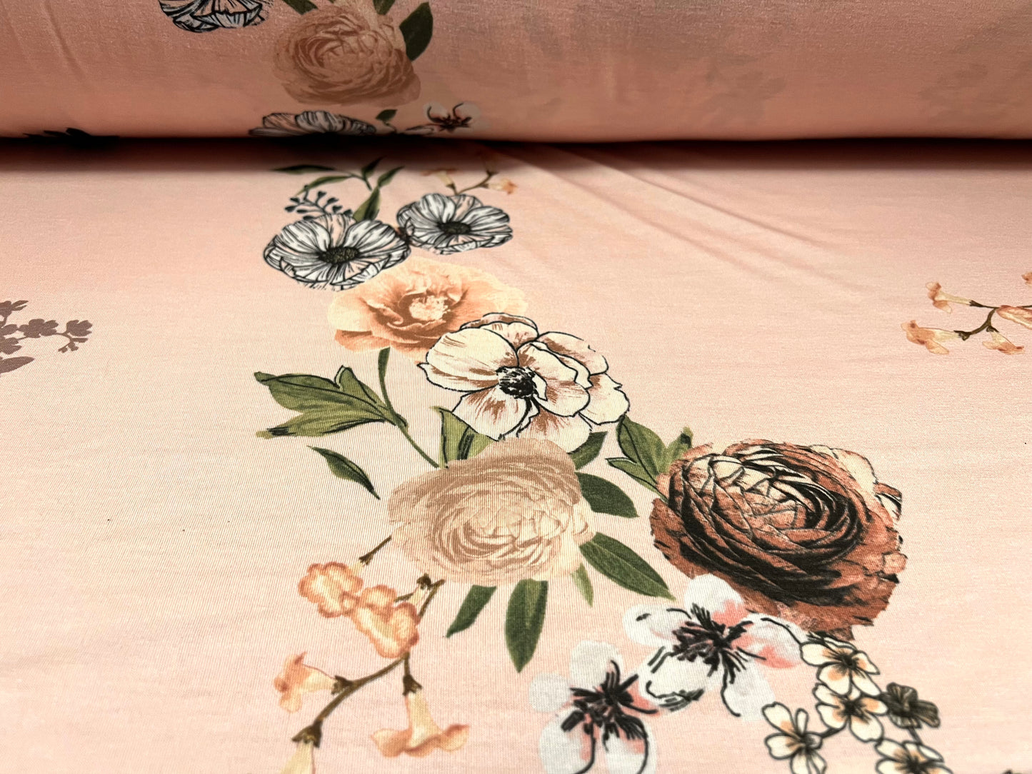 Soft handle stretch single jersey fabric, per metre - rose flower print - pale pink