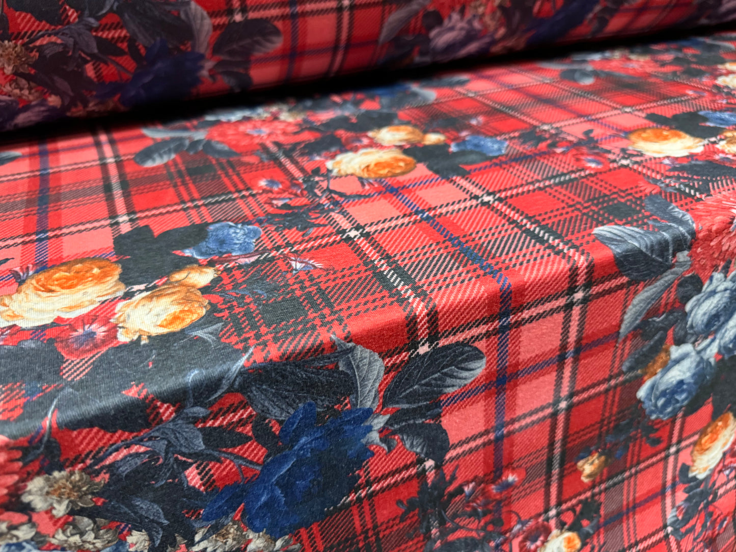 Soft handle stretch single jersey fashion fabric, per metre - roses on tartan print - red & blue