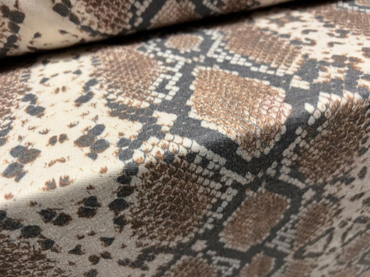 French Terry loopback jersey fabric, per metre - snakeskin print - brown & grey