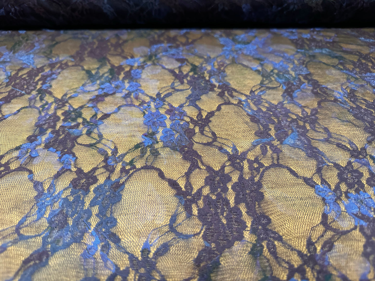 Stretch spandex mesh lace fabric, per metre - floral print - blue & purple