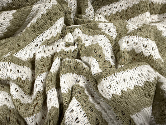 Crochet knit jersey fabric, per metre - stripe -sage & white