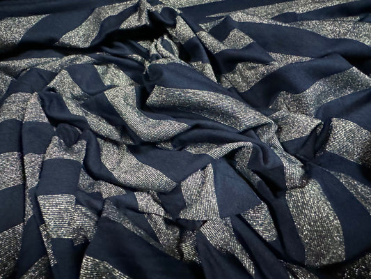 Metallic viscose spandex stretch single jersey fabric, per metre - stripe - navy blue with silver lurex