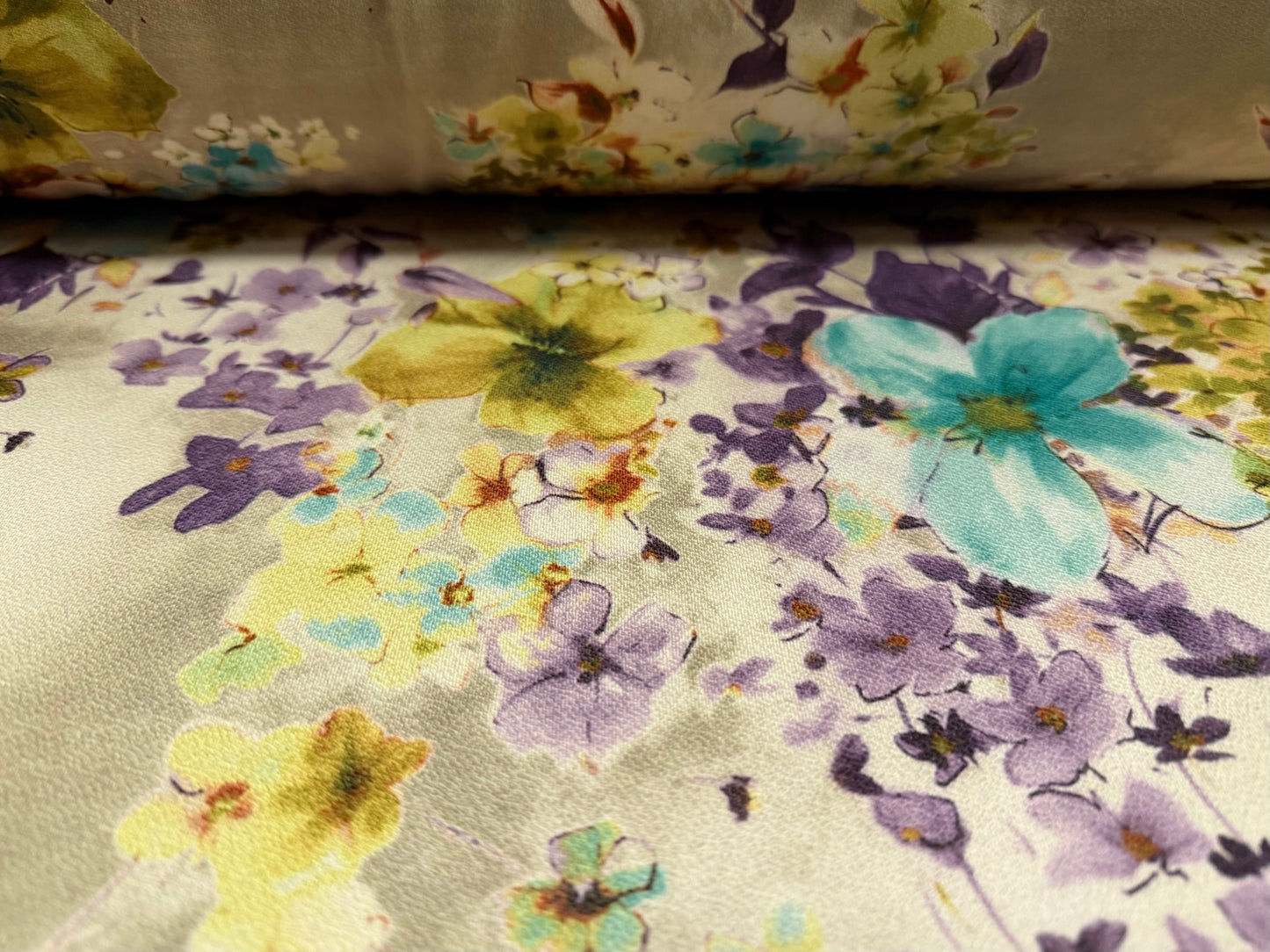 Stretch spandex crepe single jersey dress fabric, per metre - floral print -cream sage turquoise & purple
