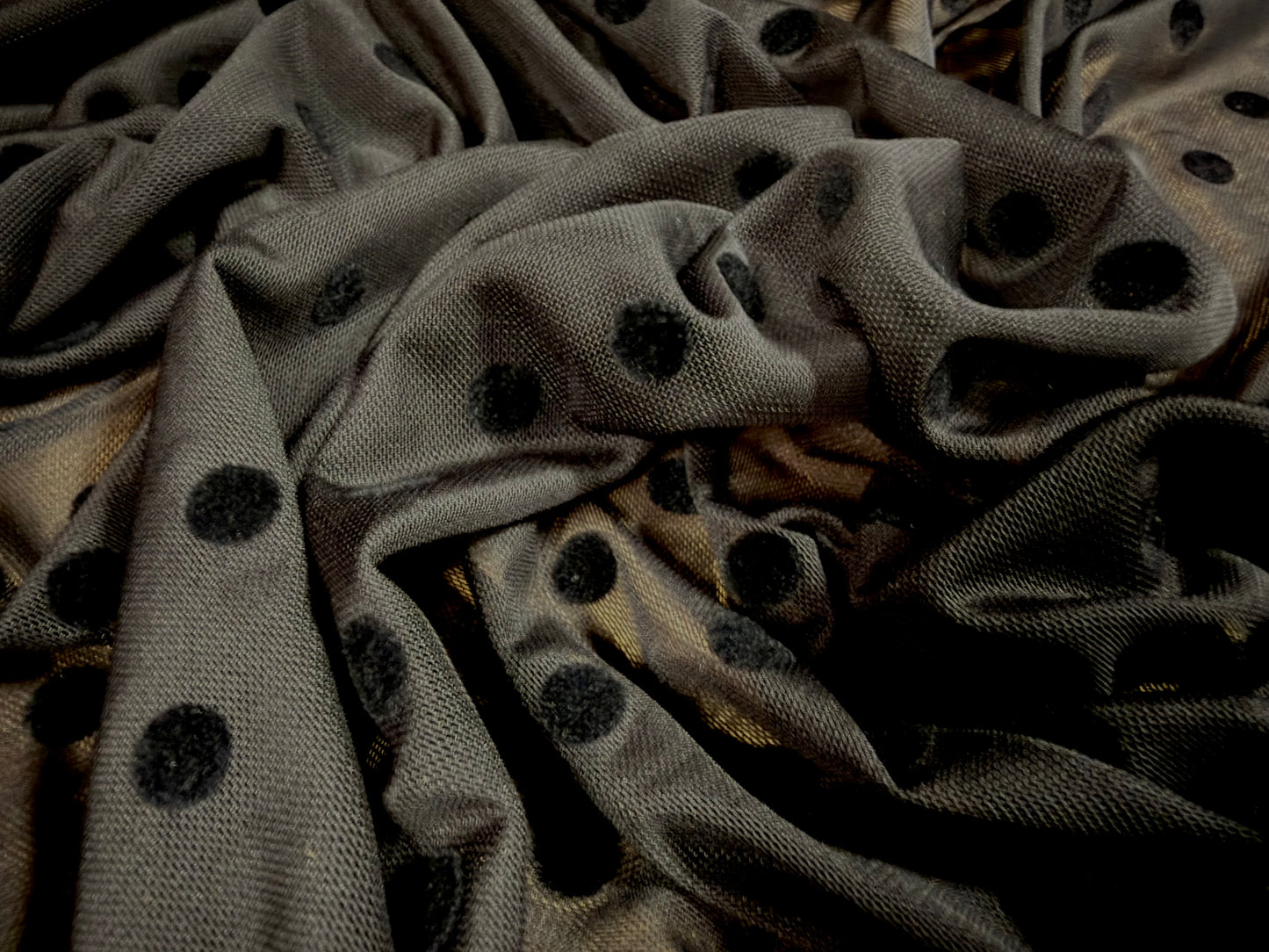 Power mesh net stretch spandex fabric, per metre - Polka dot flock print - black on black