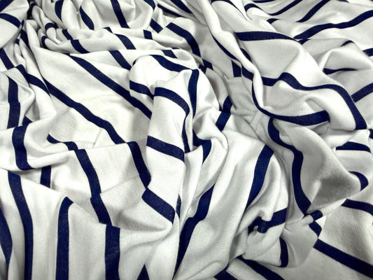 Viscose spandex stretch single jersey fabric, per metre - stripe - white & navy blue