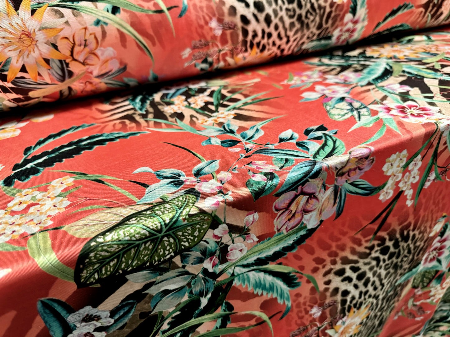 Disco stretch single jersey fabric, per metre - jungle flowers & animal print - coral