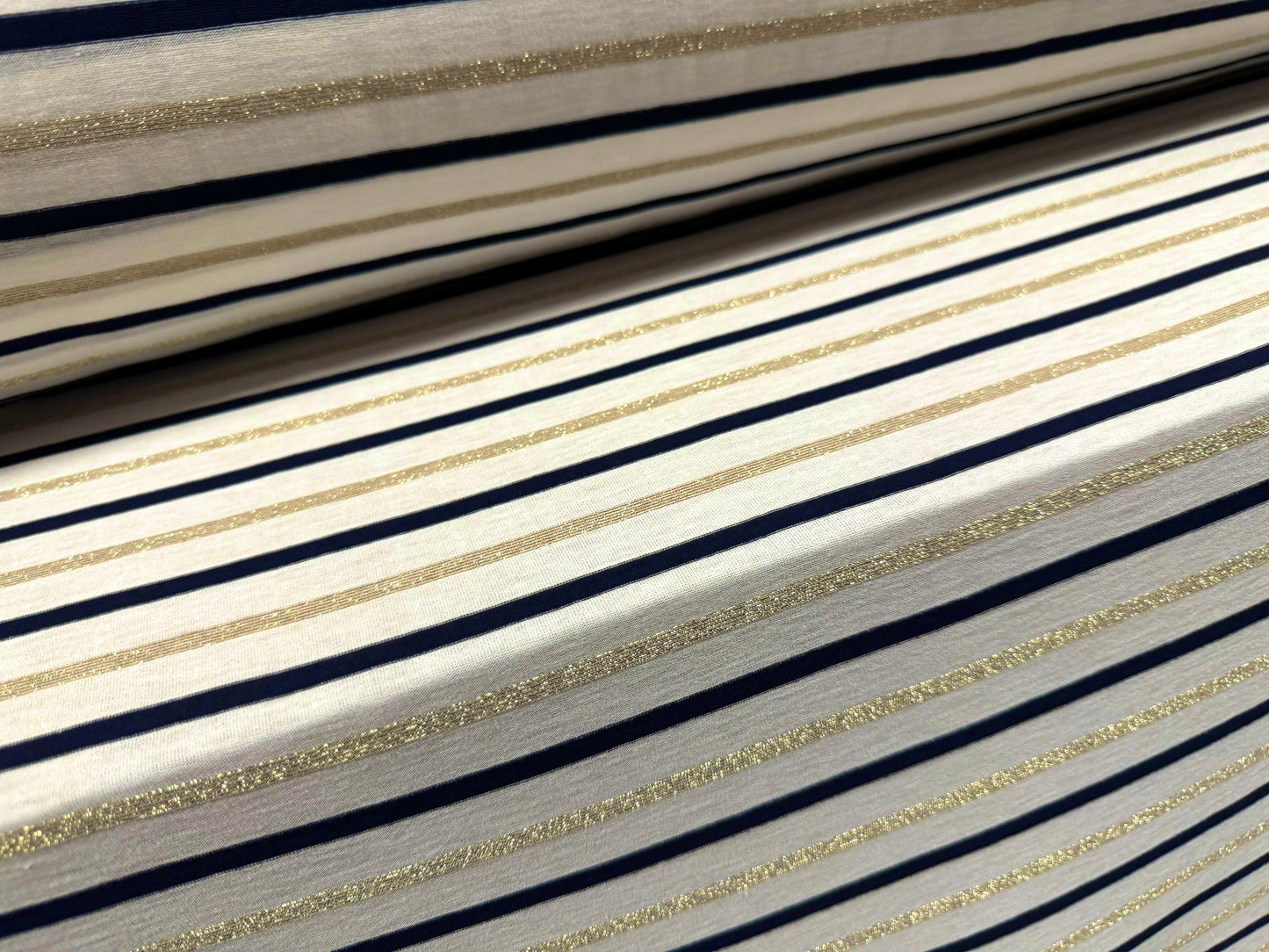 Metallic lurex single jersey fabric, per metre - stripe - ivory black & gold