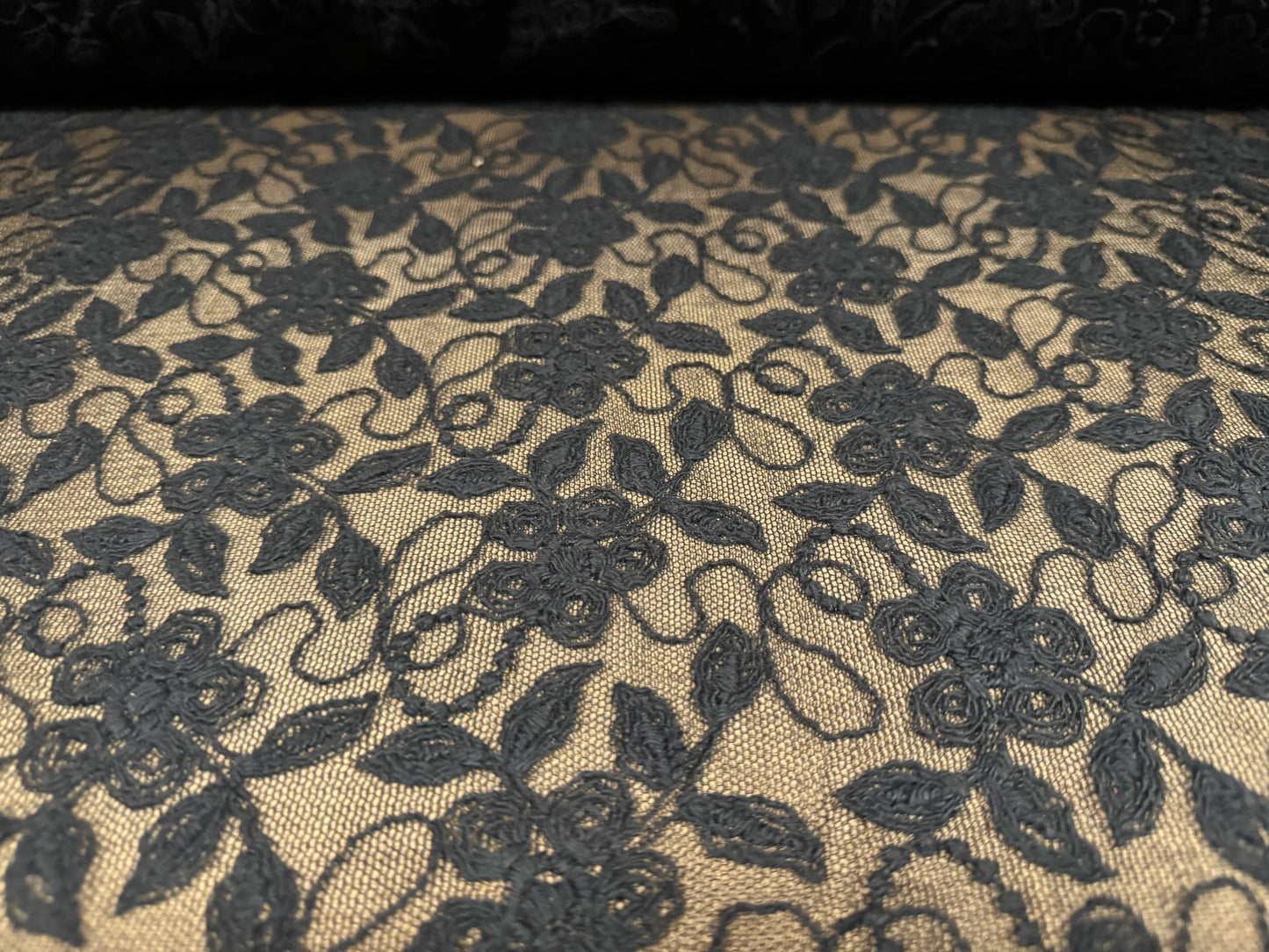 Embroidered lace dress fabric, per metre - floral - black