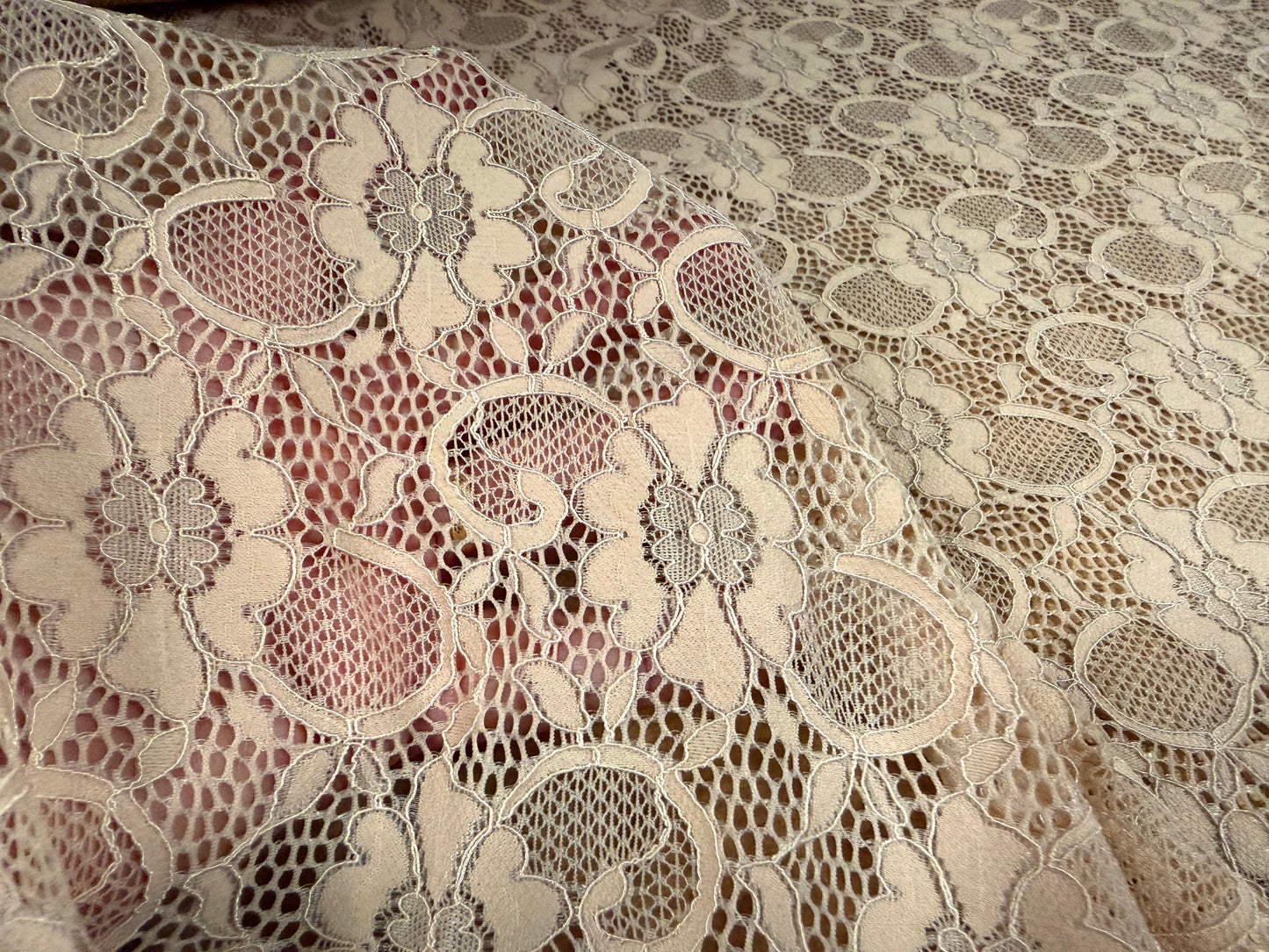 Corded stretch spandex lace fabric, per metre - floral - matte nude