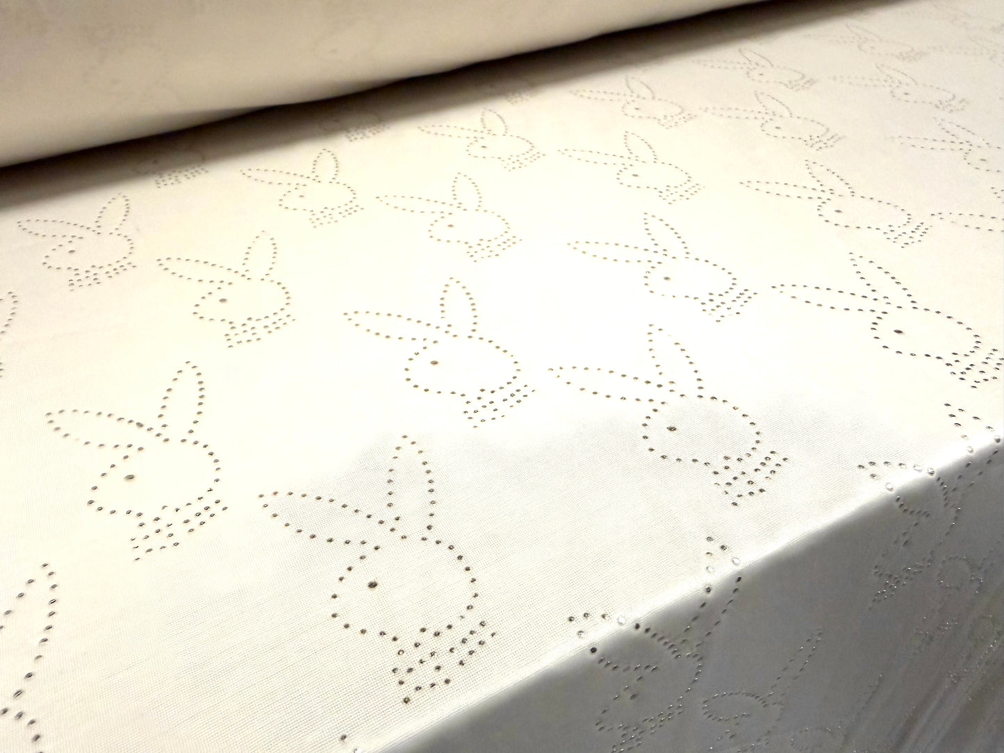 Stretch spandex single jersey fabric, per metre - glitter diamanté bunny rabbit print - cream