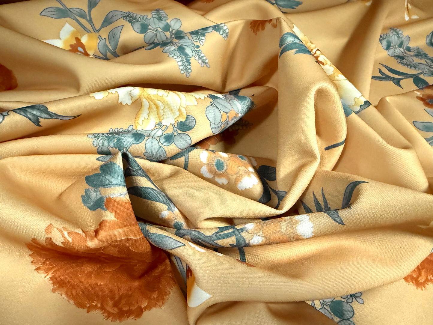 Scuba stretch spandex double jersey fabric, per metre - floral print - old gold & powder blue