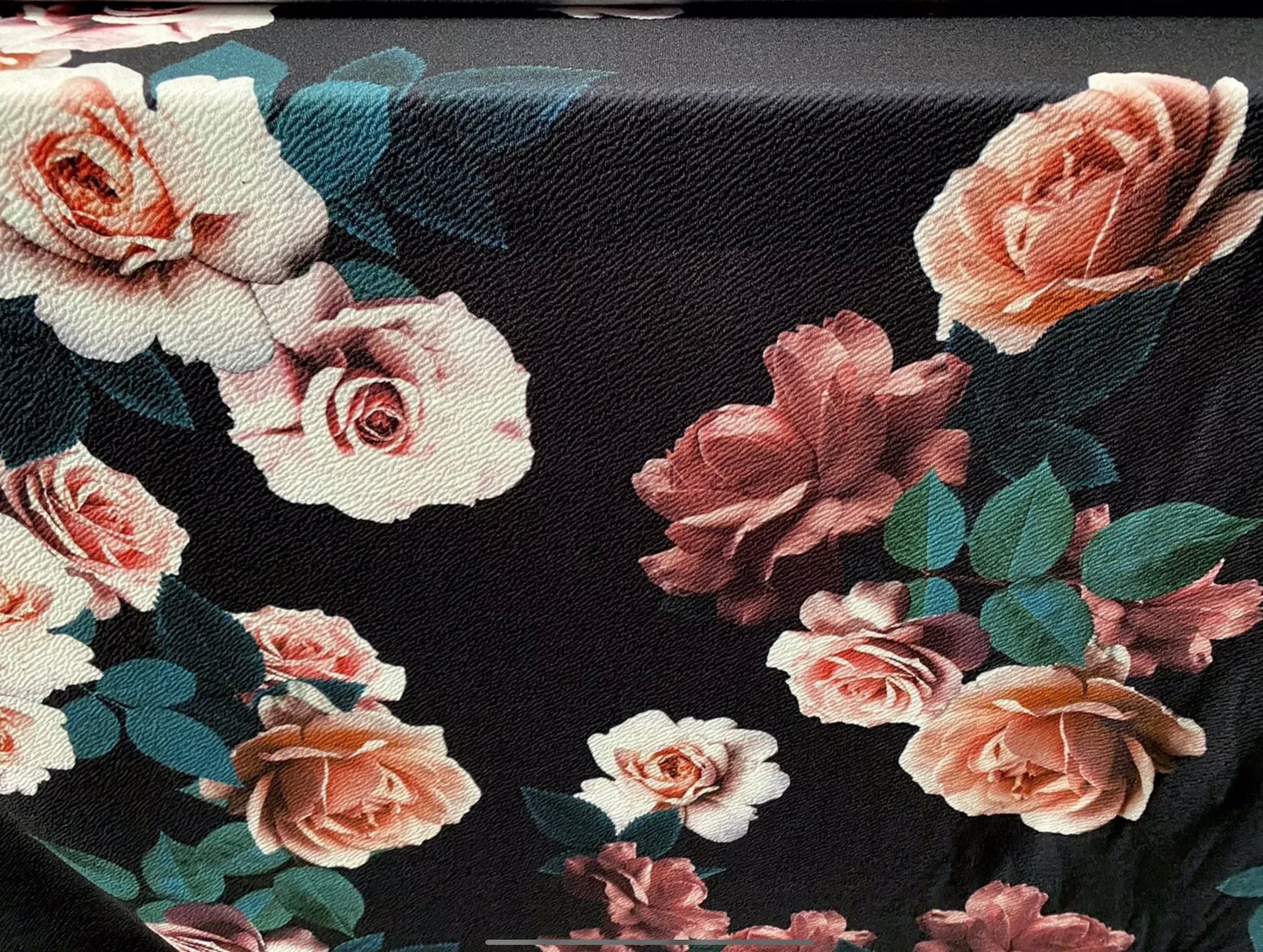 Scuba textured ‘Liverpool’ stretch spandex jersey fabric, per metre - roses print - black