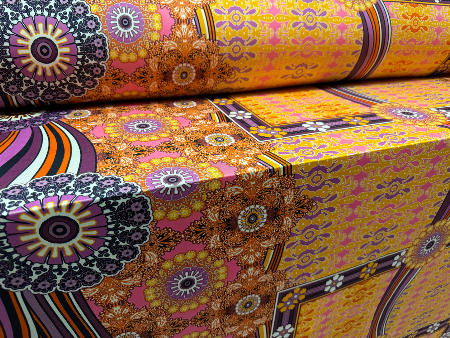 Soft touch stretch spandex single jersey fabric, per metre - retro floral print - orange & purple