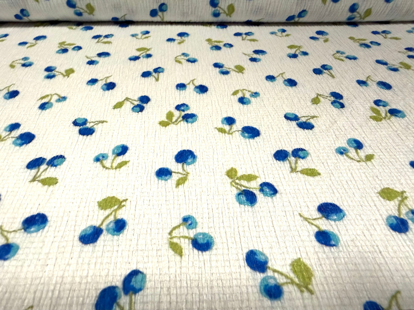 Crinkle crepe stretch woven fabric, per metre - blueberry print - blue & white