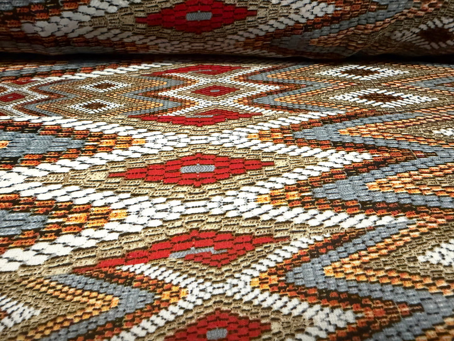 Chiffon woven dress blouse fabric, per metre - Ikat print - burnt orange & grey