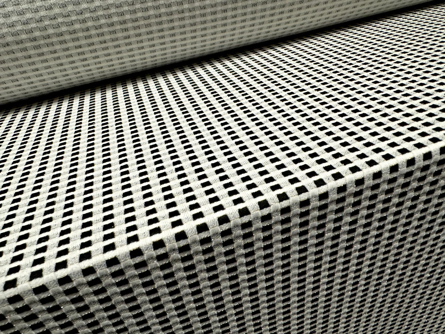 Metallic stretch double jersey fashion fabric, per metre - stylised gingham check - black & white with silver lurex