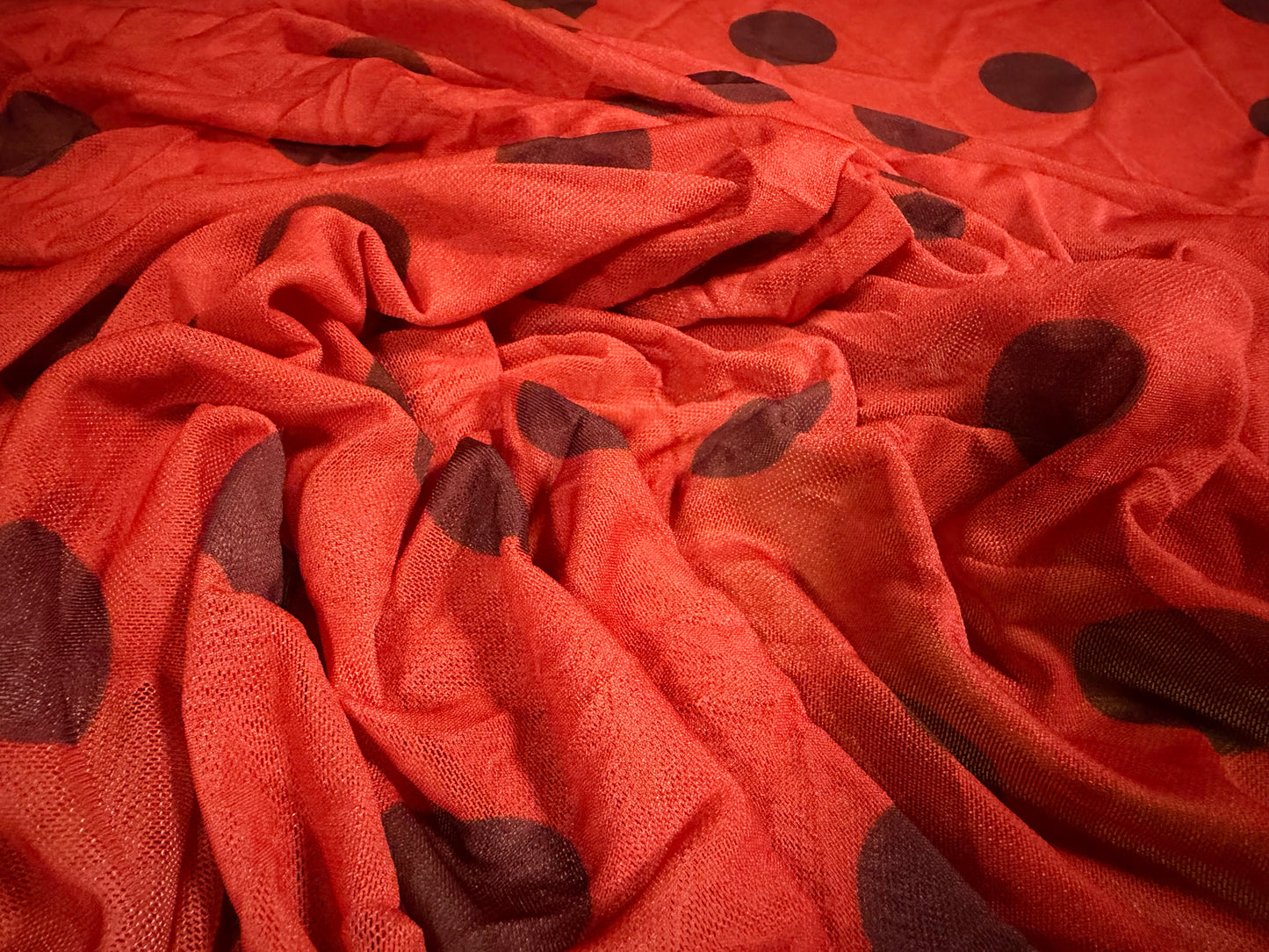 Power mesh net stretch spandex fabric, per metre - ladybug polka dot print - red & black