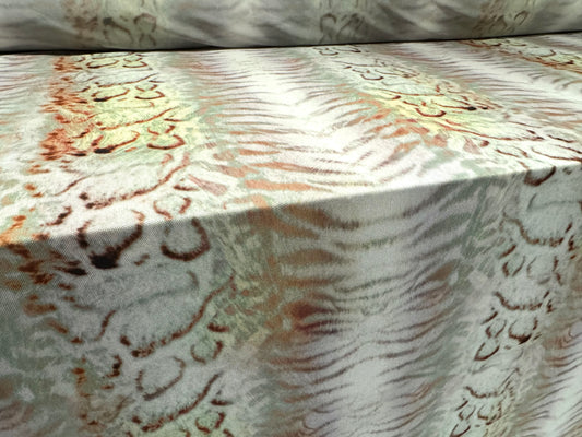 Power mesh net stretch spandex fabric, per metre - snakeskin & tiger illusion print - pastel green & ivory