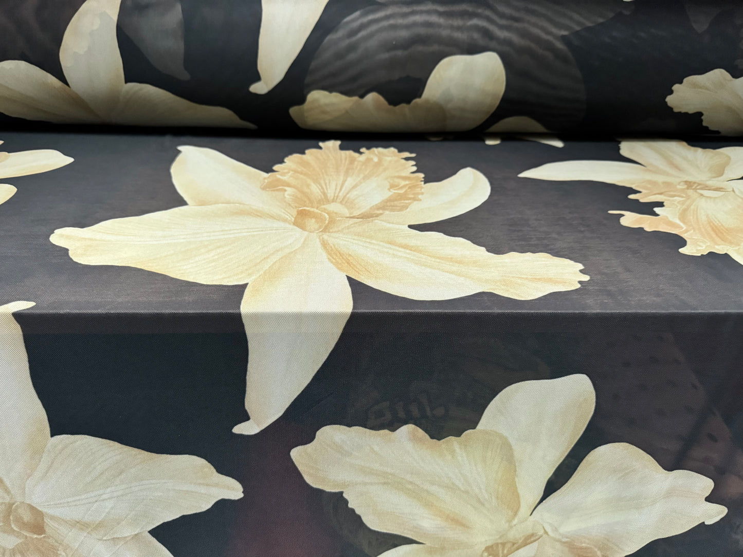 Power mesh net stretch spandex fabric, per metre - jumbo lily floral print - black & sage