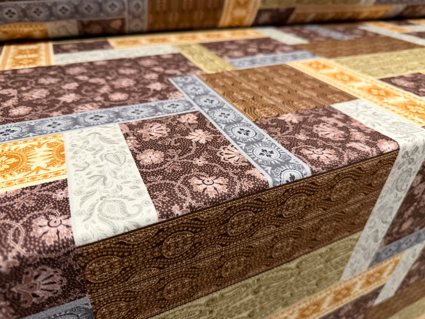 Valentino crepe stretch spandex jersey fabric, per metre - paisley collage print - maroon & brown